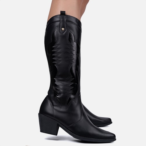 Bota Texana Feminina Western Cano Alto Bordada Bico Fino Preta