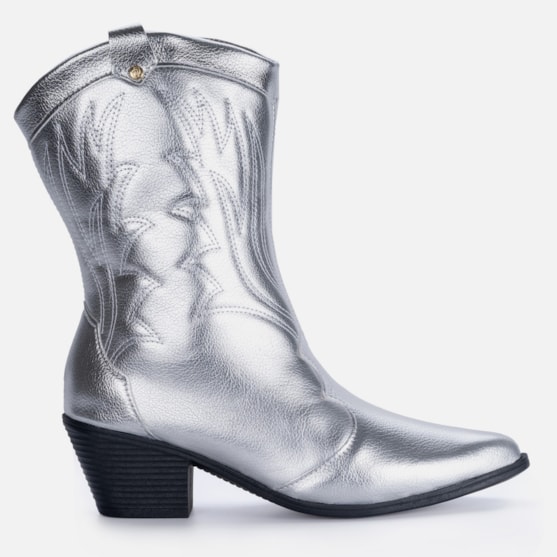 Bota Texana Feminina Western Country Bordada Cano Médio Moda Prata