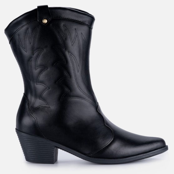 Bota Texana Feminina Western Country Bordada Cano Médio Moda Preta