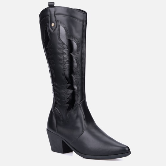 Segunda imagem do produto Bota Texana Feminina Western Preta Cano Longo Metalizado Bico Fino
