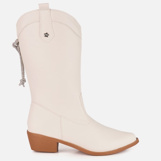 Bota Texana Infantil Western Off White Cordão de Strass Menina Fashion