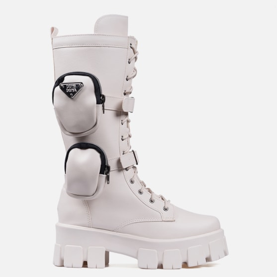 Coturno Com Bolsinha Feminino Tratorado Cano Alto Off White