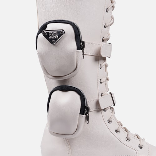 Coturno Com Bolsinha Feminino Tratorado Cano Alto Off White
