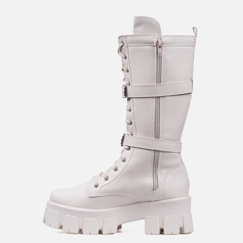 Coturno Com Bolsinha Feminino Tratorado Cano Alto Off White