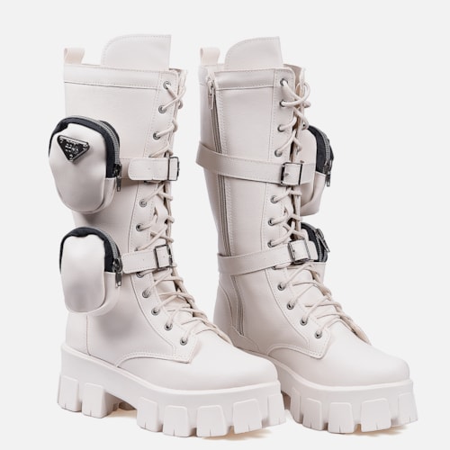 Coturno Com Bolsinha Feminino Tratorado Cano Alto Off White