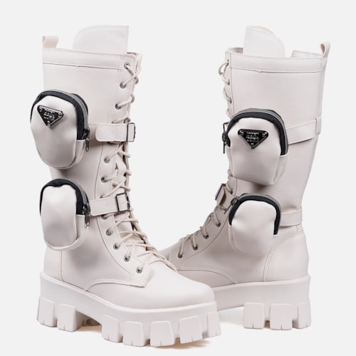 Coturno Com Bolsinha Feminino Tratorado Cano Alto Off White