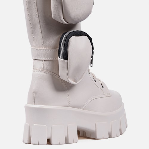Coturno Com Bolsinha Feminino Tratorado Cano Alto Off White