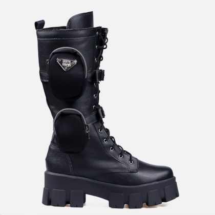 Coturno Com Bolsinha Feminino Tratorado Cano Alto Preto