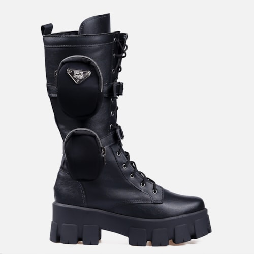 Coturno Com Bolsinha Feminino Tratorado Cano Alto Preto