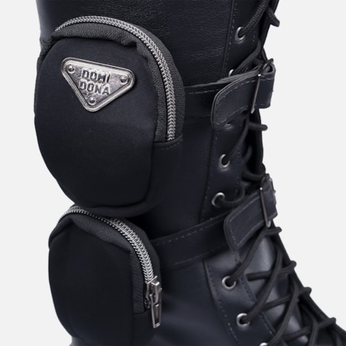 Coturno Com Bolsinha Feminino Tratorado Cano Alto Preto