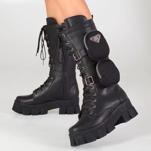Coturno Com Bolsinha Feminino Tratorado Cano Alto Preto