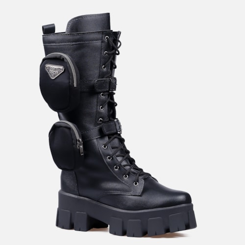 Coturno Com Bolsinha Feminino Tratorado Cano Alto Preto