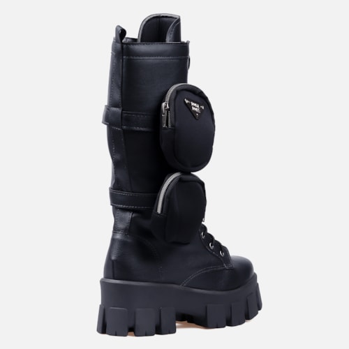 Coturno Com Bolsinha Feminino Tratorado Cano Alto Preto