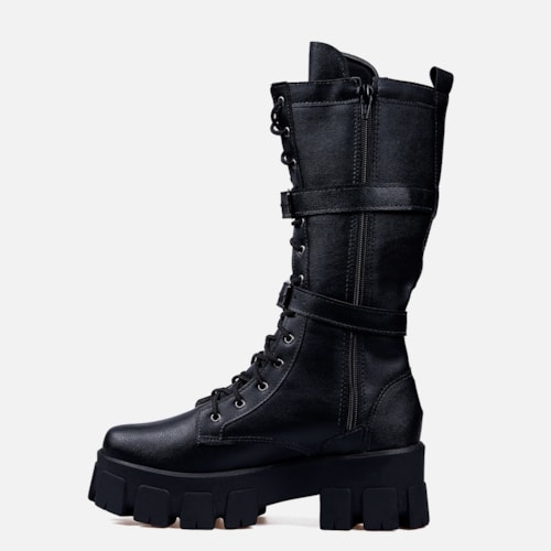 Coturno Com Bolsinha Feminino Tratorado Cano Alto Preto