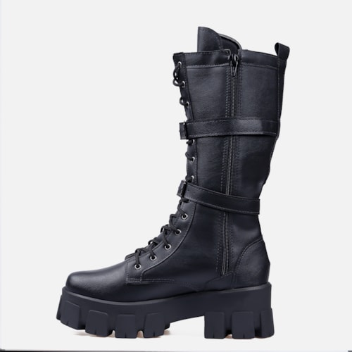 Coturno Com Bolsinha Feminino Tratorado Cano Alto Preto