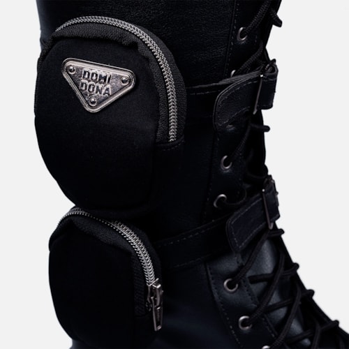 Coturno Com Bolsinha Feminino Tratorado Cano Alto Preto