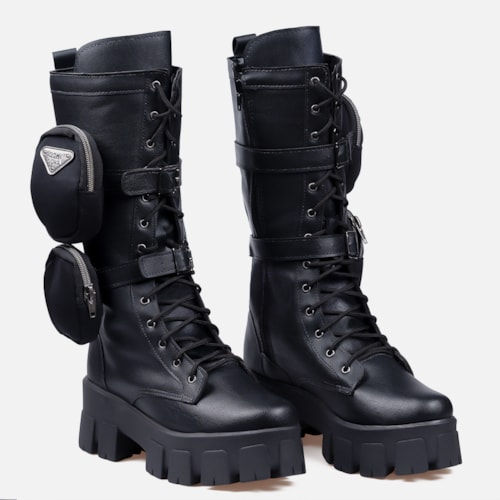 Coturno Com Bolsinha Feminino Tratorado Cano Alto Preto