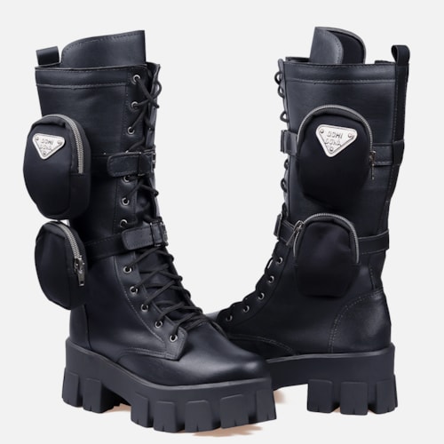 Coturno Com Bolsinha Feminino Tratorado Cano Alto Preto