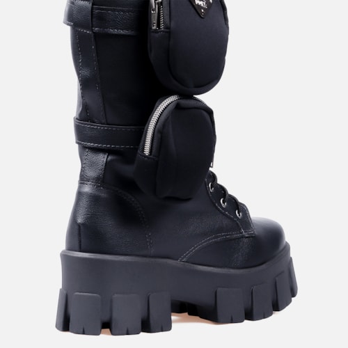 Coturno Com Bolsinha Feminino Tratorado Cano Alto Preto