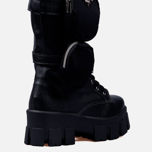Coturno Com Bolsinha Feminino Tratorado Cano Alto Preto