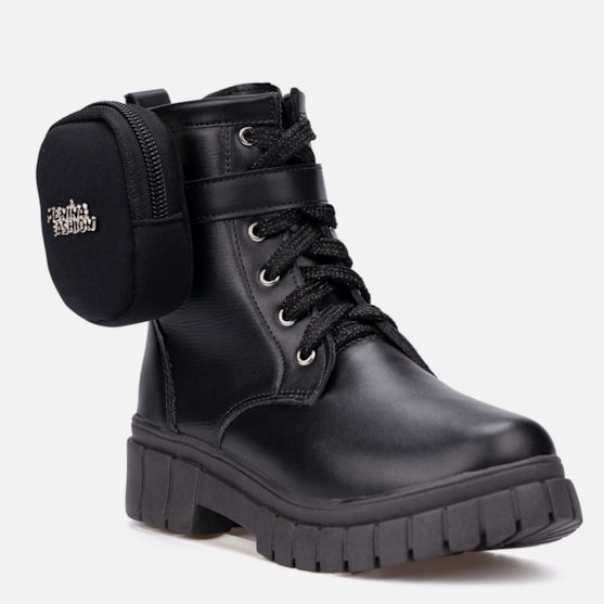 Segunda imagem do produto Coturno Feminino Infantil Menina Tratorado Com Bolsinha Preto