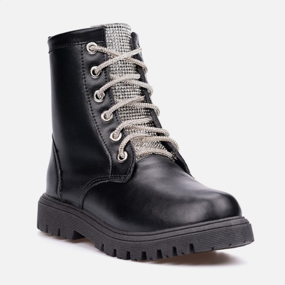 Segunda imagem do produto Coturno Feminino Infantil Tratorado Cadarço De Strass Blogueira Preto