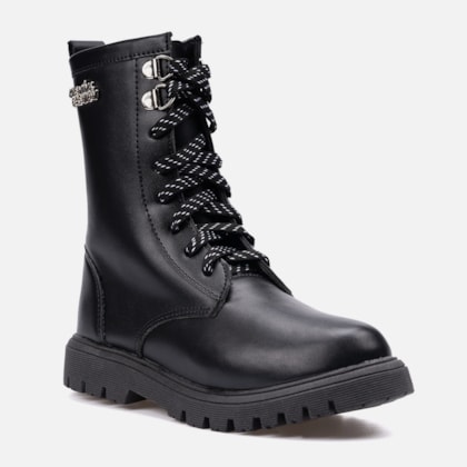 Segunda imagem do produto Coturno Feminino Infantil Tratorado Cano Alto Cadarço Bicolor Preto