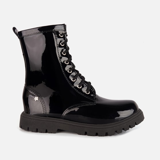 Coturno Feminino Infantil Tratorado Cano Alto Menina Da Moda Preto Verniz