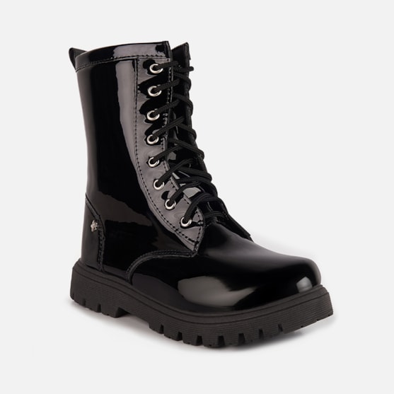 Segunda imagem do produto Coturno Feminino Infantil Tratorado Cano Alto Menina Da Moda Preto Verniz