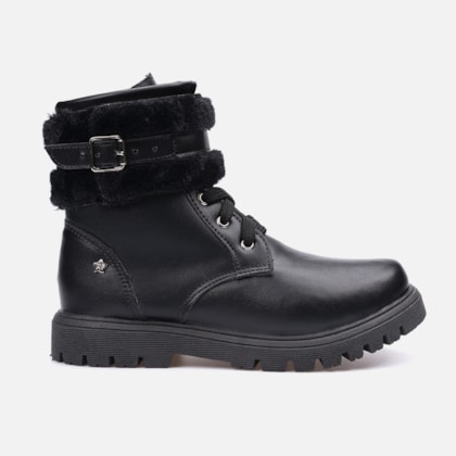 Coturno Feminino Infantil Tratorado Cano Curto Fivela Com Pelos Preto