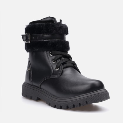 Segunda imagem do produto Coturno Feminino Infantil Tratorado Cano Curto Fivela Com Pelos Preto