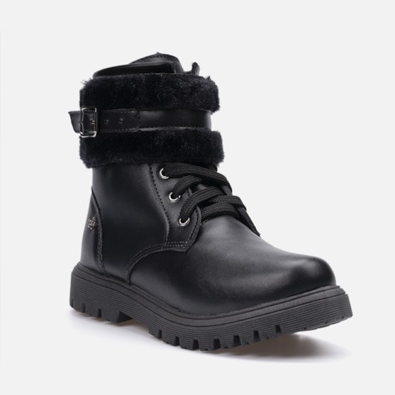 Segunda imagem do produto Coturno Feminino Infantil Tratorado Cano Curto Fivela Com Pelos Preto