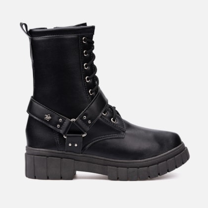 Coturno Feminino Infantil Tratorado Menina Cano Alto Tiras Rock Preto