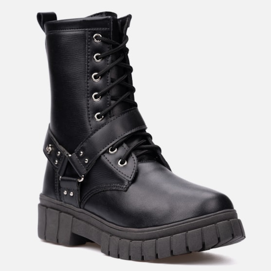 Segunda imagem do produto Coturno Feminino Infantil Tratorado Menina Cano Alto Tiras Rock Preto