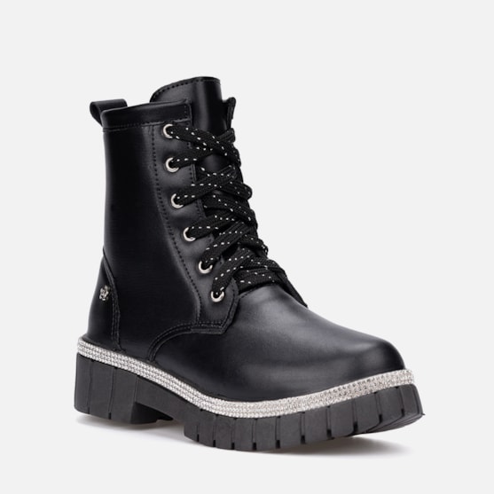 Segunda imagem do produto Coturno Feminino Infantil Tratorado Menina Tira De Strass Preto