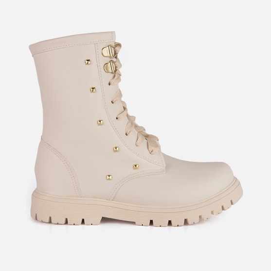 Coturno Feminino Infantil Tratorado Off White Cano Alto Tachas Douradas