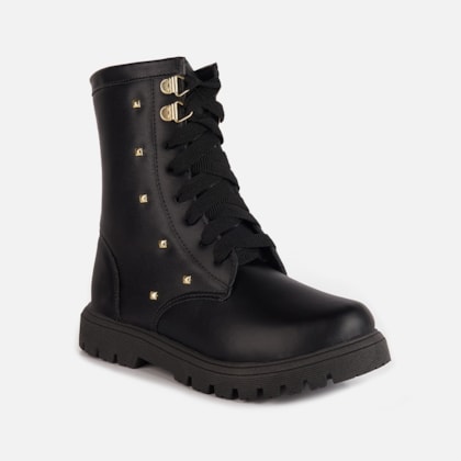 Segunda imagem do produto Coturno Feminino Infantil Tratorado Preto Cano Alto Tachas Douradas