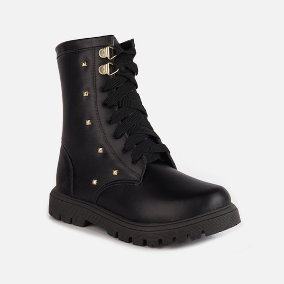 Segunda imagem do produto Coturno Feminino Infantil Tratorado Preto Cano Alto Tachas Douradas