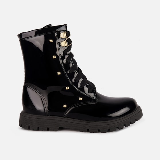 Coturno Feminino Infantil Tratorado Preto Verniz Cano Alto Tachas Douradas