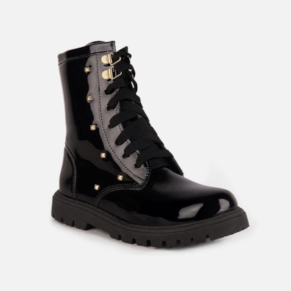 Segunda imagem do produto Coturno Feminino Infantil Tratorado Preto Verniz Cano Alto Tachas Douradas
