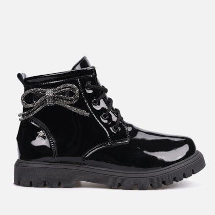 Coturno Feminino Infantil Tratorado Verniz Com Laço De Strass Preto