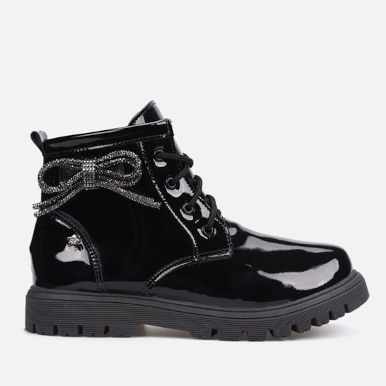 Coturno Feminino Infantil Tratorado Verniz Com Laço De Strass Preto