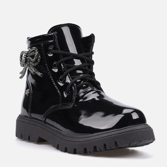 Segunda imagem do produto Coturno Feminino Infantil Tratorado Verniz Com Laço De Strass Preto