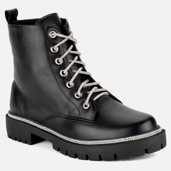 Segunda imagem do produto Coturno Feminino Tratorado Cano Curto Com Strass Brilhante Moda Preto