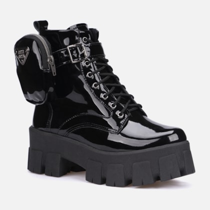 Segunda imagem do produto Coturno Feminino Tratorado Com Bolsinha Na Lateral Preto Verniz