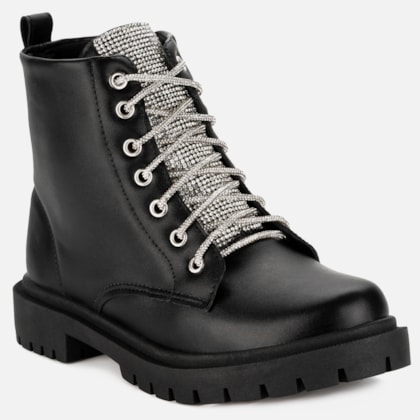 Segunda imagem do produto Coturno Feminino Tratorado Lapela e Cadarço Com Strass Tendência Preto