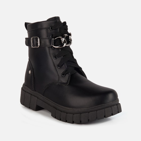 Segunda imagem do produto Coturno Infantil Preto Cano Alto Com Corrente Prateada Menina Fashion