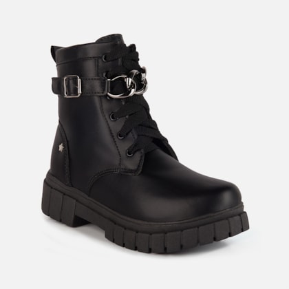 Segunda imagem do produto Coturno Infantil Preto Cano Alto Com Corrente Prateada Menina Fashion