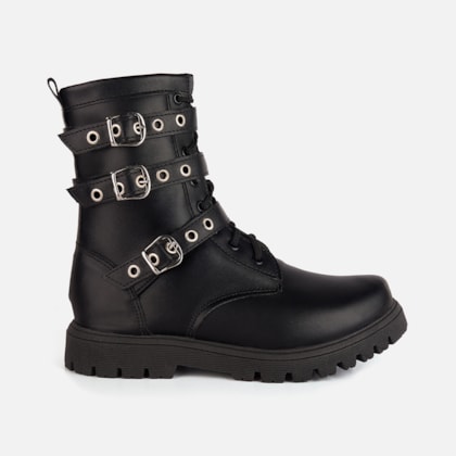 Coturno Infantil Preto Cano Alto Fivelas Sola Tratorada Menina Fashion
