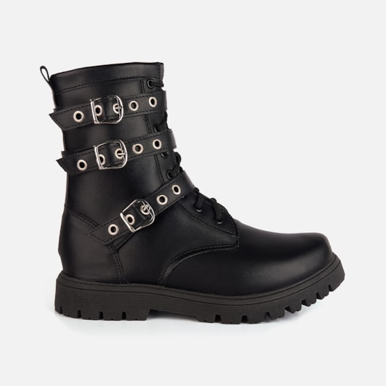 Coturno Infantil Preto Cano Alto Fivelas Sola Tratorada Menina Fashion